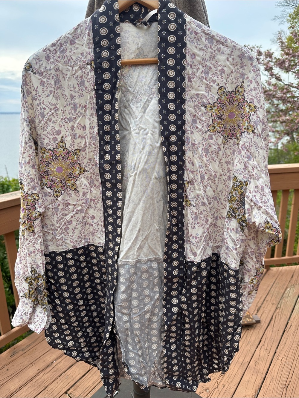 Boho Patchwork Kimono Cardigan in Black, Cream & Lavender